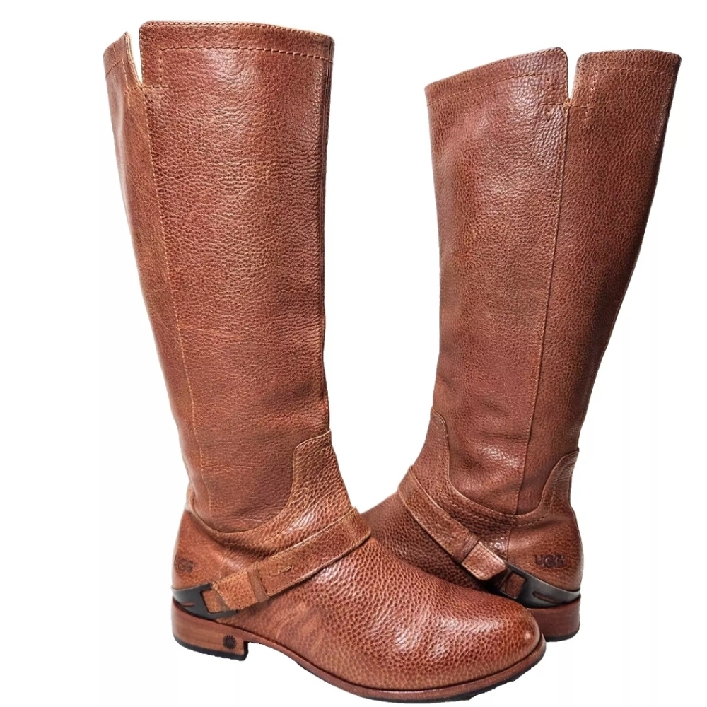UGG Channing Tall Riding Boots Sz 7.5 Chestnut Pebbled Leather 3184 - Picture 2 of 14